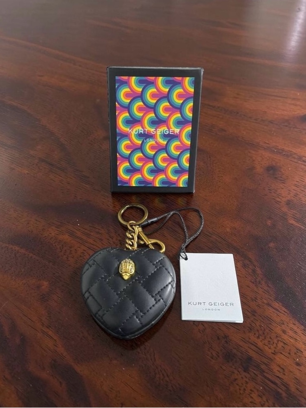 Kurt Geiger Black Quilted Heart Mirror Bag Charm - Picture 2 of 4